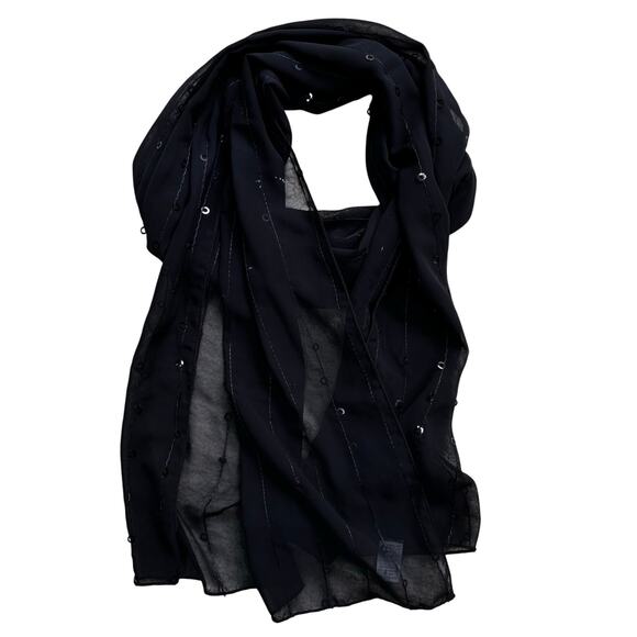 Sheer black silky chiffon scarf with sequins stripes dressy sexy whimsy goth - Picture 6 of 6